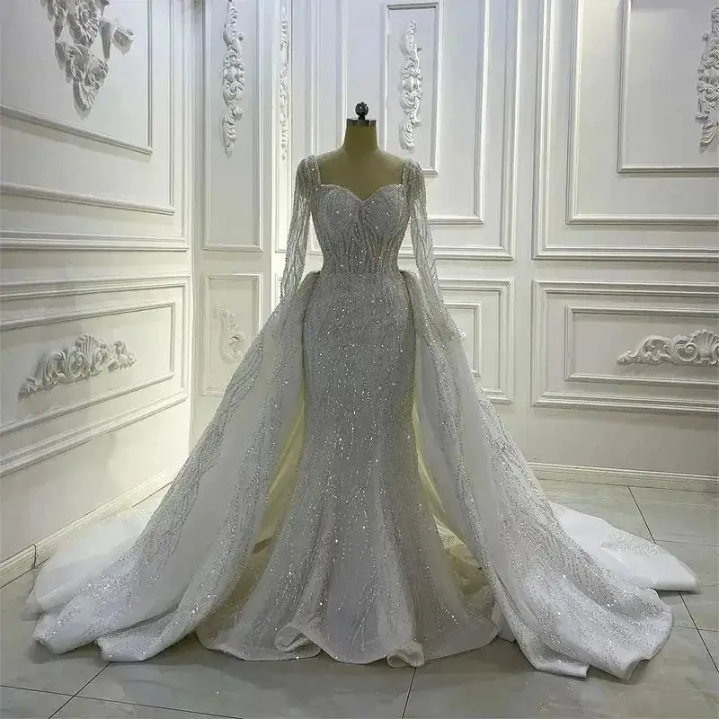 

Luxury Pearls Wedding Dress With Detachable Train Dubai Arabia Long Sleeve Beaded Lace Bridal Gown