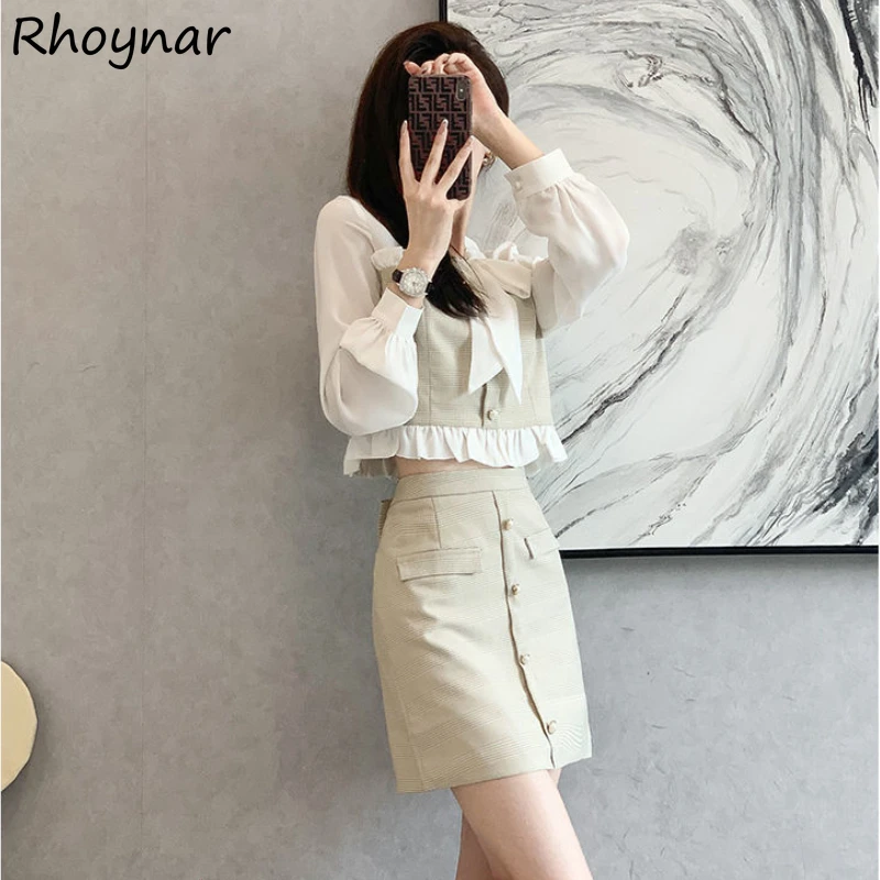 

Long Sleeve Dress Sets Women Spring Korean Fashion Office Ladies Elegant Patchwork Ruffles Designed Mini Simple Daily Casual