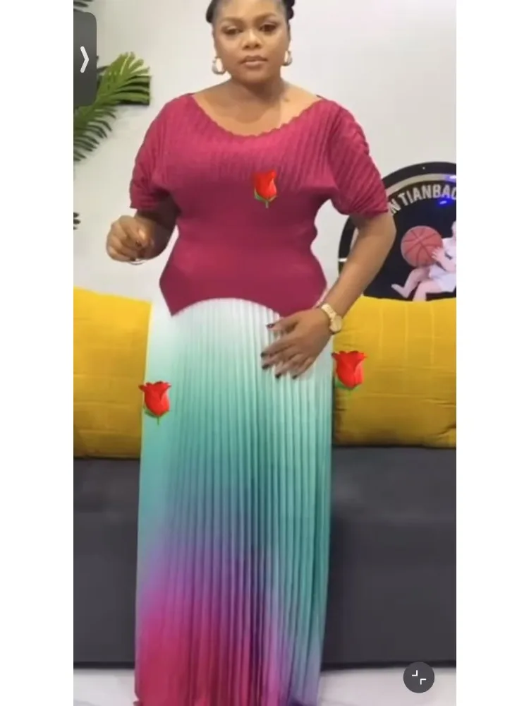 

2025 Pleated 2 Pieces Set Women Fashion V Neck Short Batwing Sleeves Irregular Hem T-shirt&New Gradient A-line Folds Long Skirt