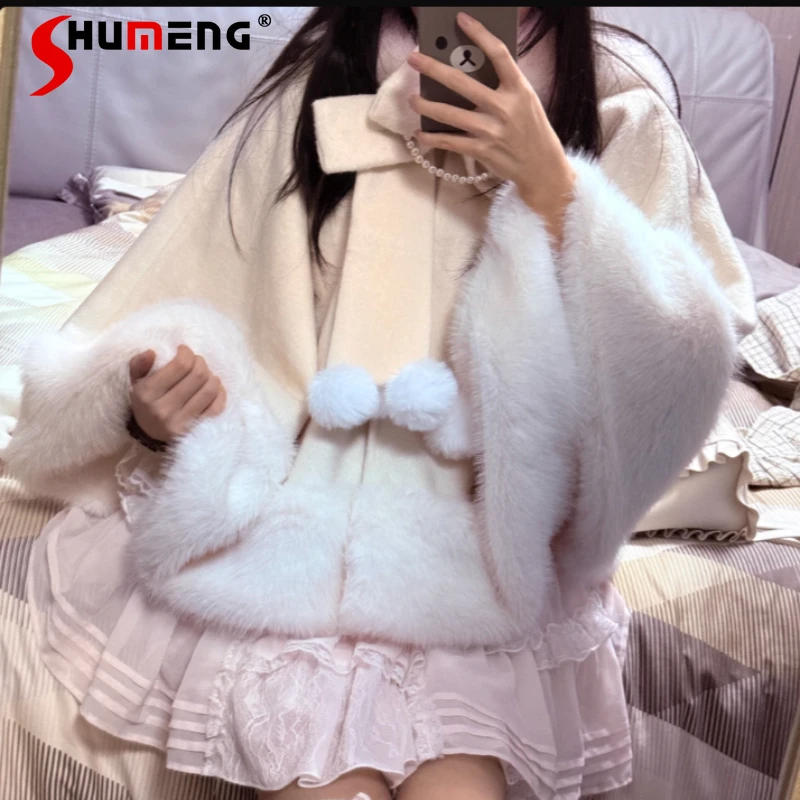 아름다운 로지타 Y2K 판초 대량 생산 20% 울 플리스 안감 만화 귀 케이프 코트 가을 따뜻하고 부드럽고 편안한 여성용 망토