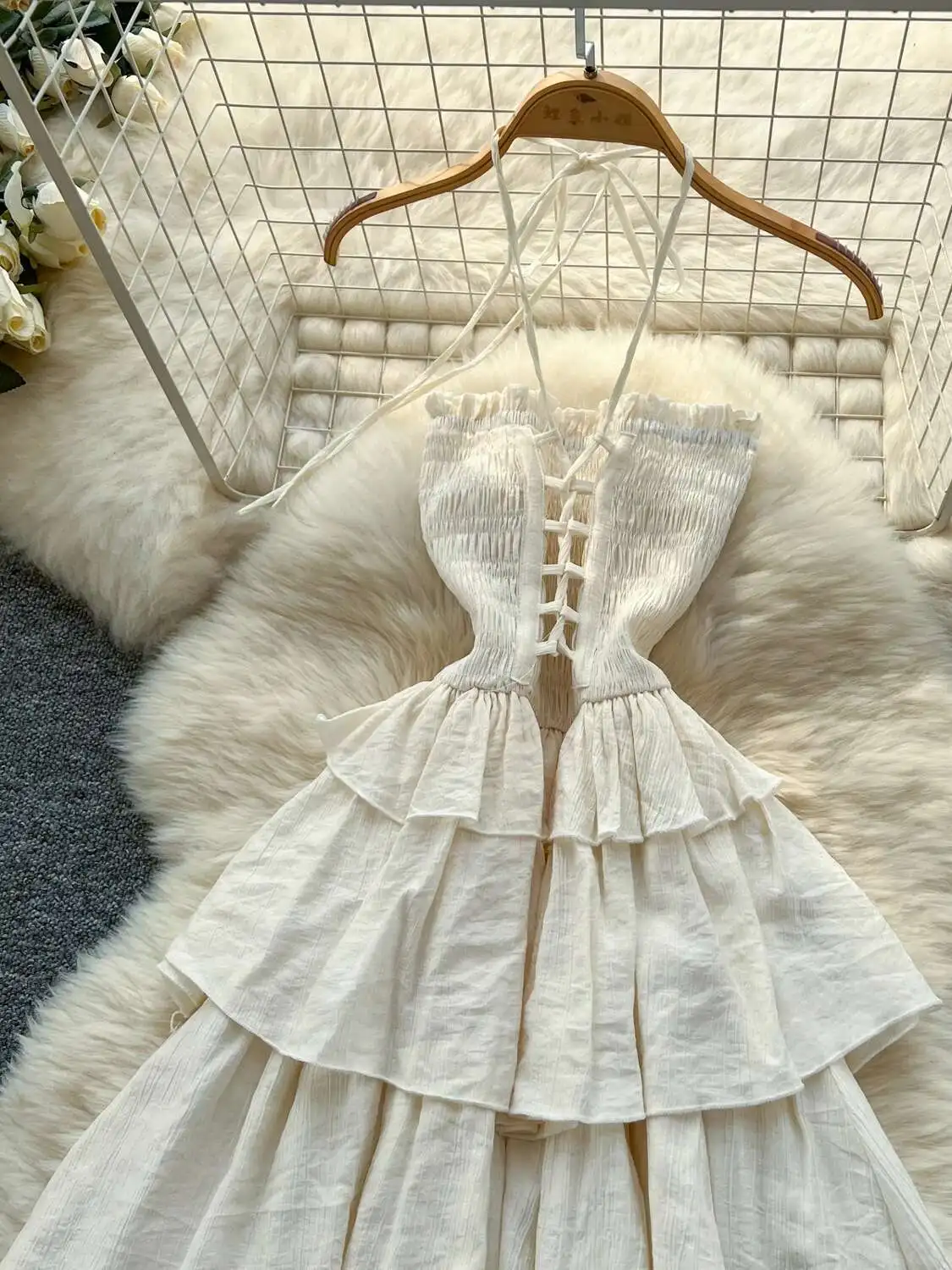 Francês sexy vestido de praia feminino verão pendurado pescoço em camadas vestidos longos senhoras fora do ombro magro a linha sem costas longo robe