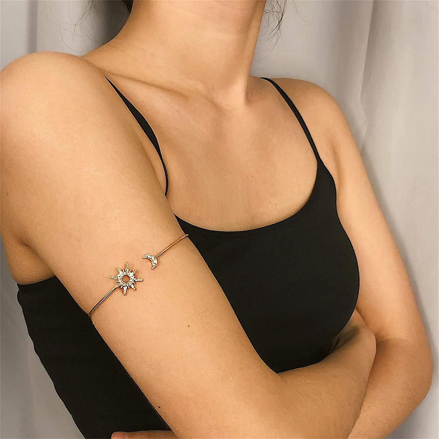 Adjustable Gold Tone Bracelet With Shiny Rhinestone Sun and Moon Microset Jewelry For Women Fashion Accessories