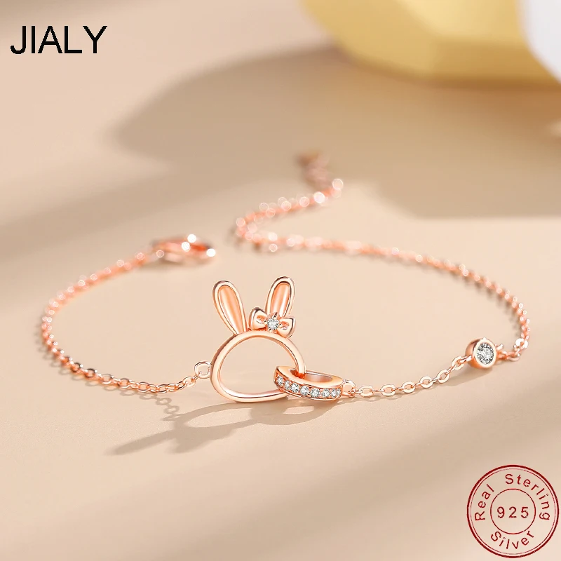 European 925 Sterling Silver Bracelet CZ Double Ring Rabbit For Women Birthday Party Gift Jewelry