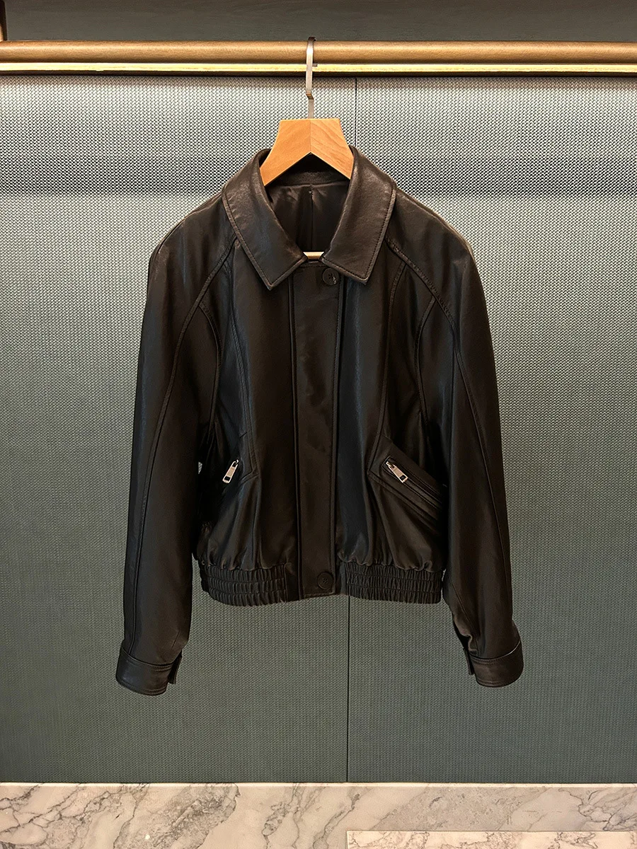 Chaqueta de vuelo de manga corta para mujer de cuero genuino negro abrigo de piel de oveja Vintage