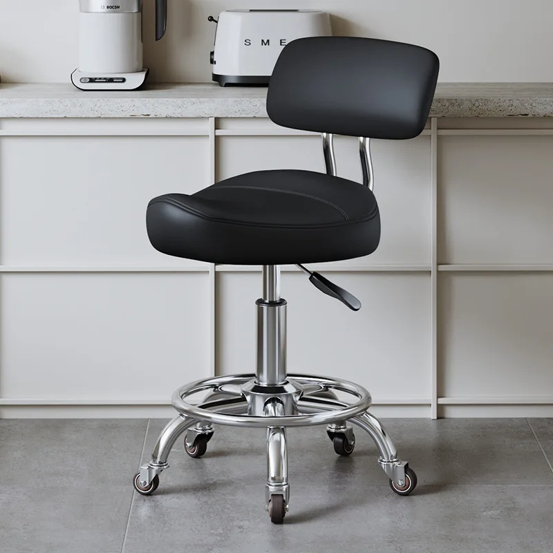 Portable PU Leather Saddle Stool Mobile Lift Salon Stools Beauty Salon Backrest Seat Professional Hairdressing Stool with Wheels