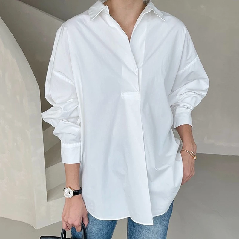 

Summer Korean Long Sleeves Loose Shirt Women Solid Vintage Blouses Ladies Harajuku Single Row Two Buttons Shirt Female