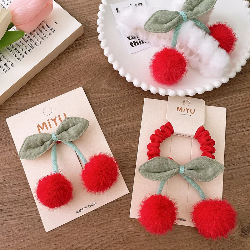 

1PCS Plush Red Cherry Bow Kids Hairpins Children Lovely Headwear Baby Hair Clips Girl Hair Accessories Elastic Hair Bands