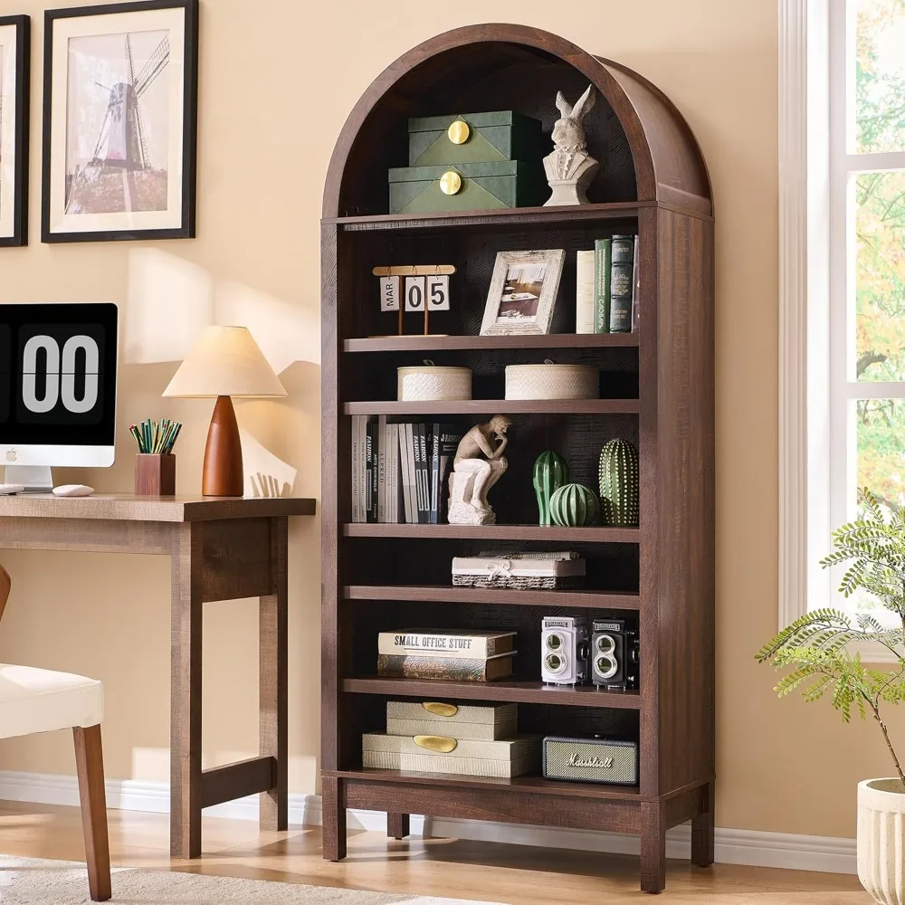 

71 inch high arched bookshelf with adjustable shelf, wooden bookshelf with open display shelf, suitable for living room