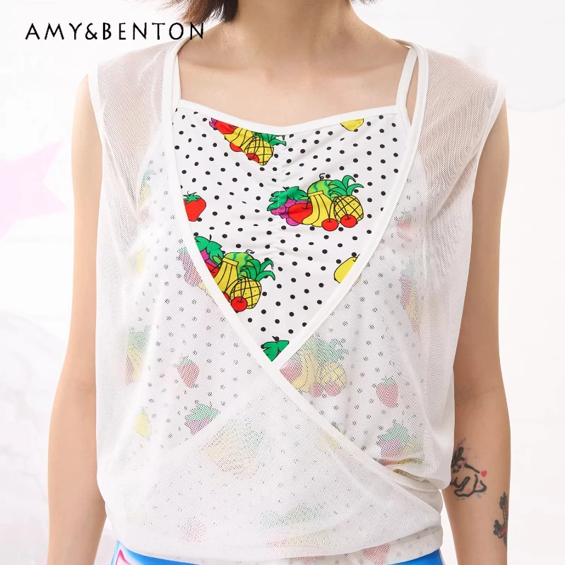 

Japanese Polka Dot Women's Sling Tops 2026 Spring Summer New Arrival Sweet Cute Mesh Splicing Faux Two-piece T-shirts Ladies