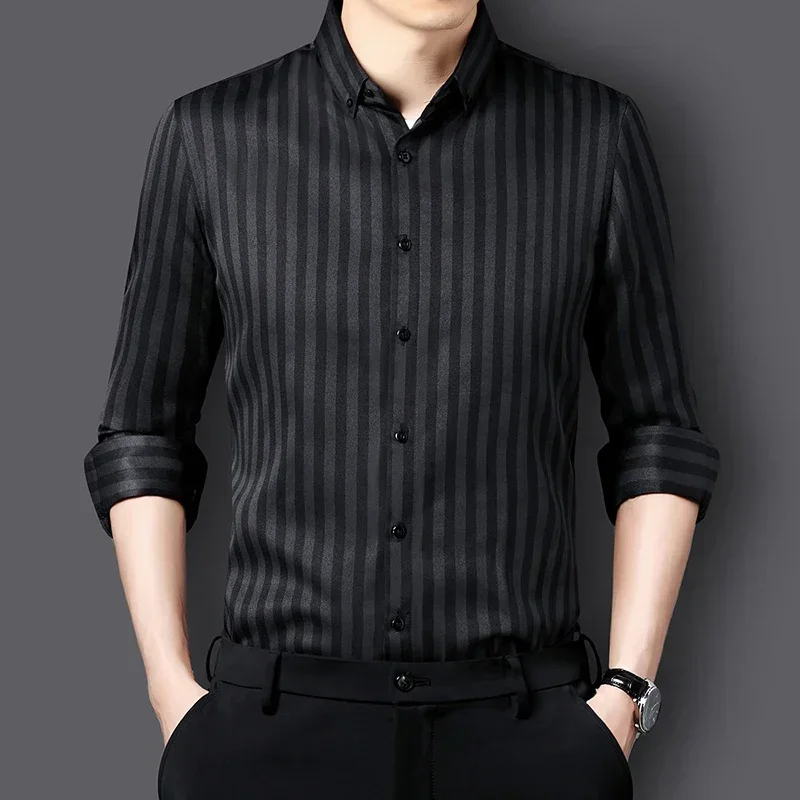 Slim Fit Anti-Wrinkle Stripe Men's Shirts Long Sleeve Dress Casual Shirts Male New Soft Social Business Blouse Shirt M-5XL  Factory Bulk Wholesale Affordable Denim Pants, Casual Loose Washed Long Trousers  Factory Wholesale Affordable Denim Pants
