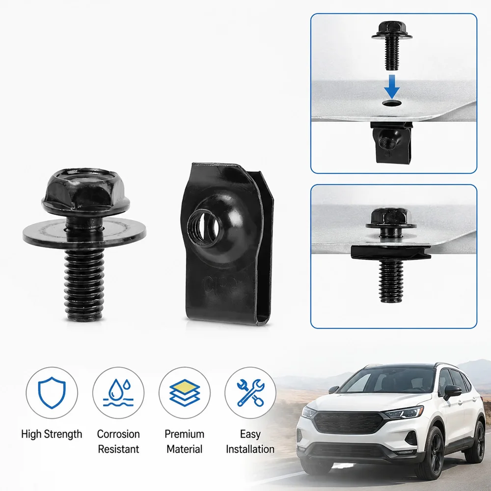 Kcimo 10Pcs M6 Car U‑Nut Clips & Body Bolts Kit Engine Cover Undertray Splash Shield Bumper Fender Retainer Fastener Screw