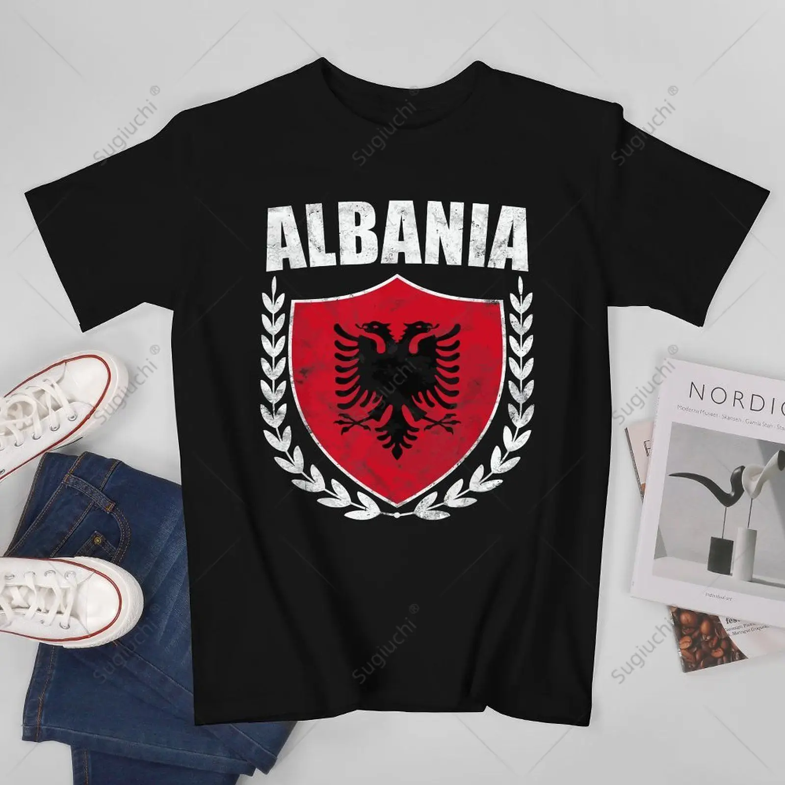 Unisex Men Albania Flag Shield Tshirt Tees T Shirts Women Boys 100% Cotton T-Shirt