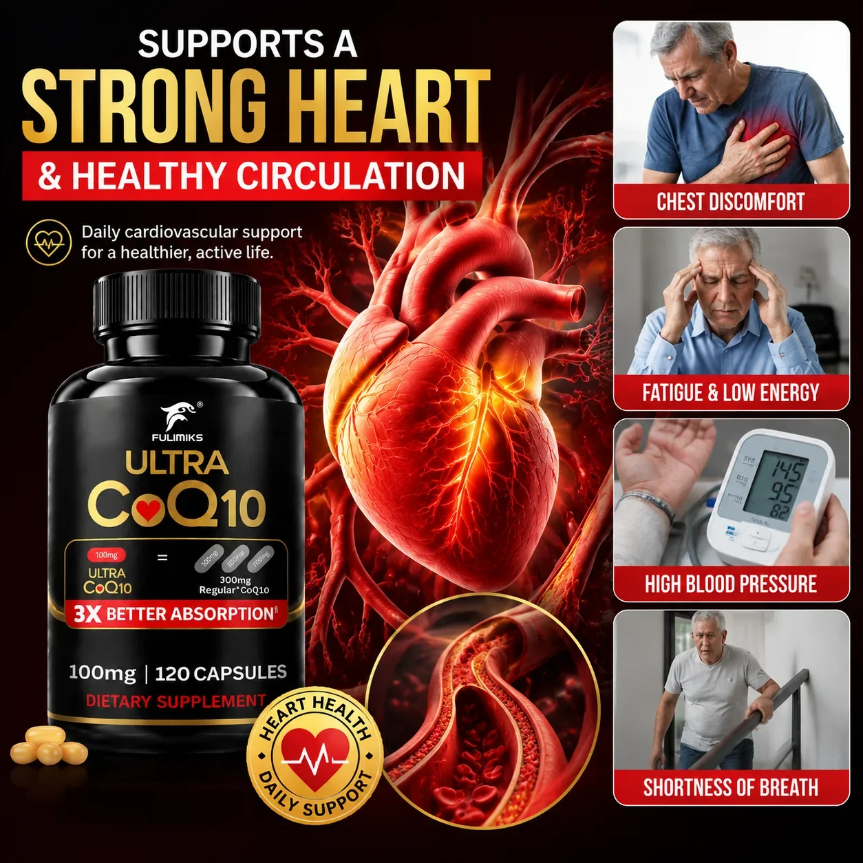 Ultra CoQ10 100mg Capsules, 3X Better Absorption Coenzyme Q10, Support Heart Cardiovascular, Blood Circulation & Vascular Health