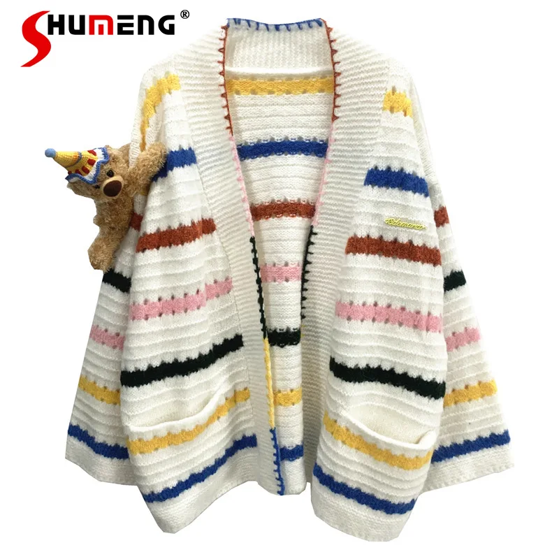 

2024 Autumn Winter New Women's Clothing Contrast Color Stripes Long-sleeve Loose Medium Long Splicing Knitted Cardigan Jacket