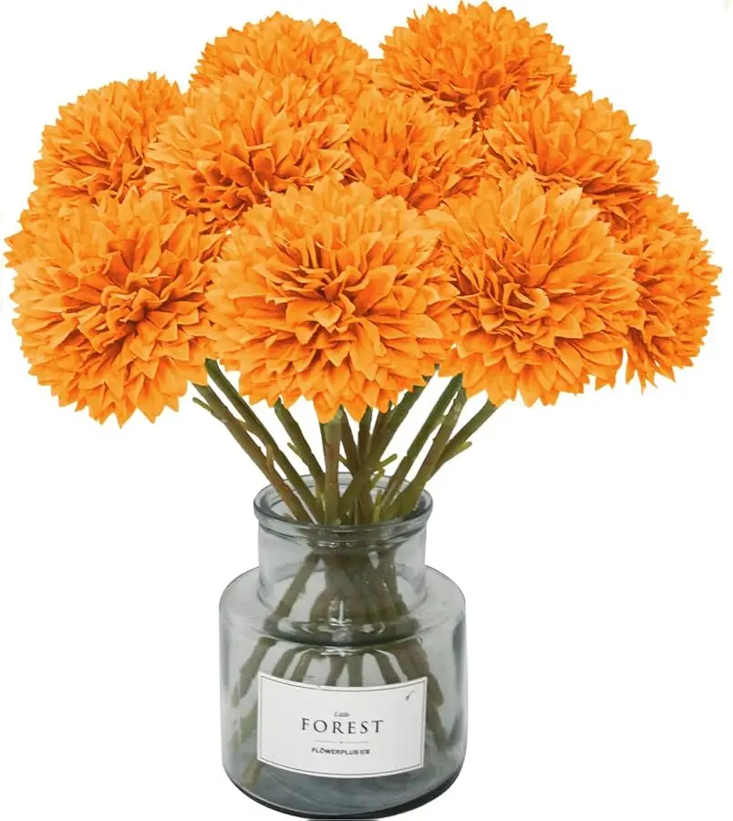 

12 Pcs Artificial Chrysanthemum Flowers Orange Faux Ball Flowers Autumn Mums Florals Wedding Bouquet for Fall Farmhouse Home Kit