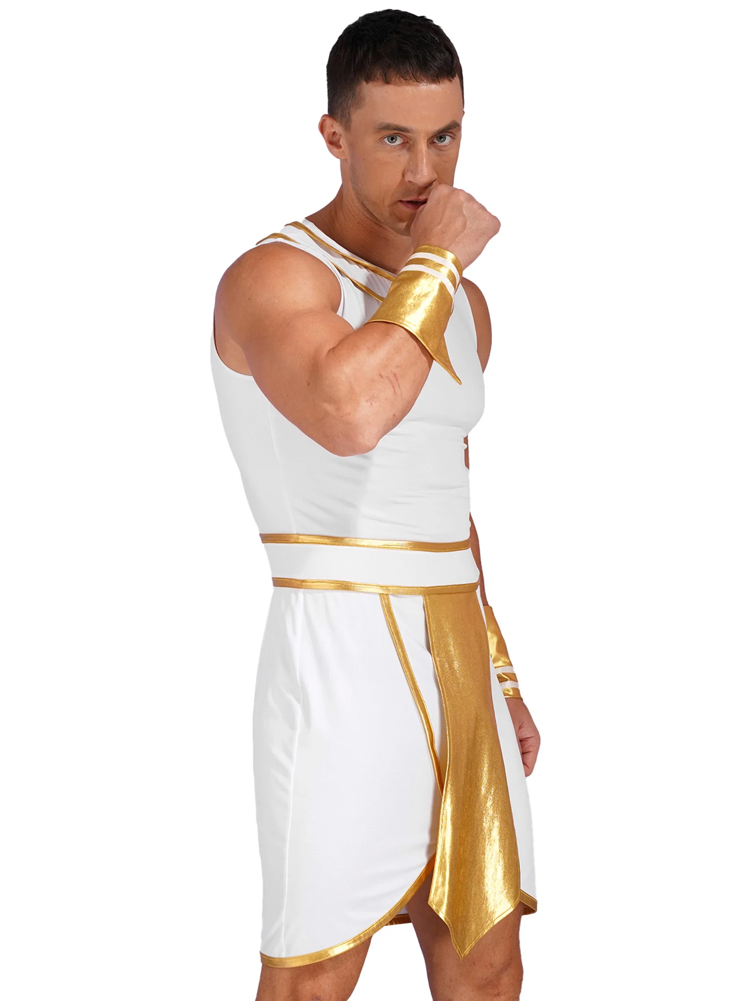 Mens Halloween Egyptian Pharaoh King Cosplay Costume Dress with Cuffs for Carnival Theme Party Ancient Egypt Role Play Clothes