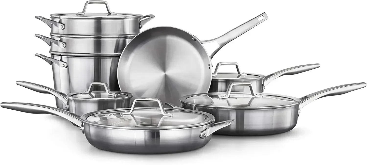 13-Piece Stainless Steel Kitchen Cookware Set with Aluminum Core, Stay-Cool Handles and Steamer Insert, Silver