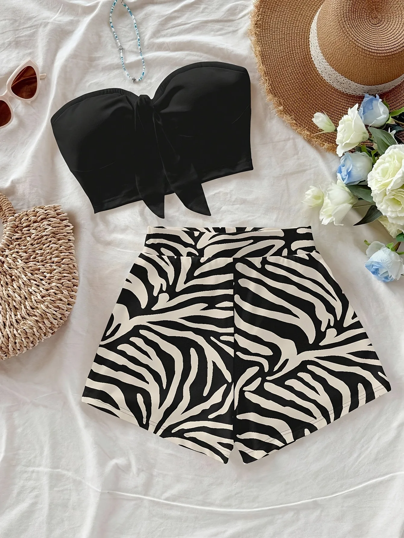 Fashion Solid Black Tie Front Strapless Cami + Zebra Print Loose Shorts 2 Piece Lightweight Beachwear Matching Set