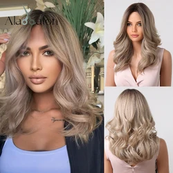 ALAN EATON Medium Long Water Wave Ombre Brown Blonde Synthetic Wigs Natural Middle Part Heat Resistant Hair Wigs for Black Women