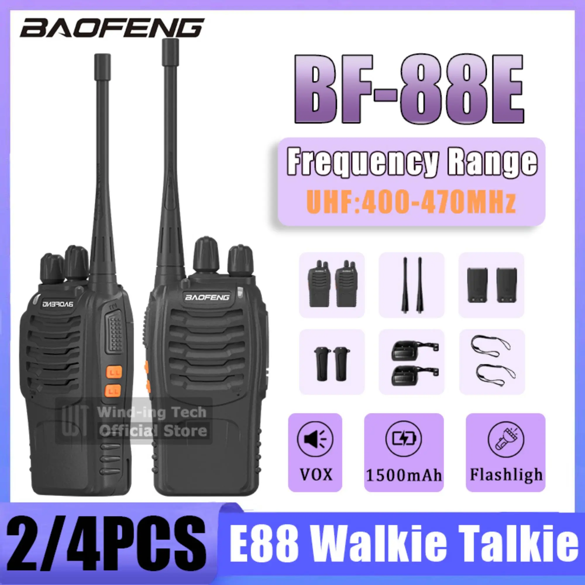 2/4PCS Baofeng E88 Walkie Talkie 16 Channels Flashligh 1500mAh VOX UHF 400-470MHz BF-E88 Ham Two Way Radio For Hiking Hunting