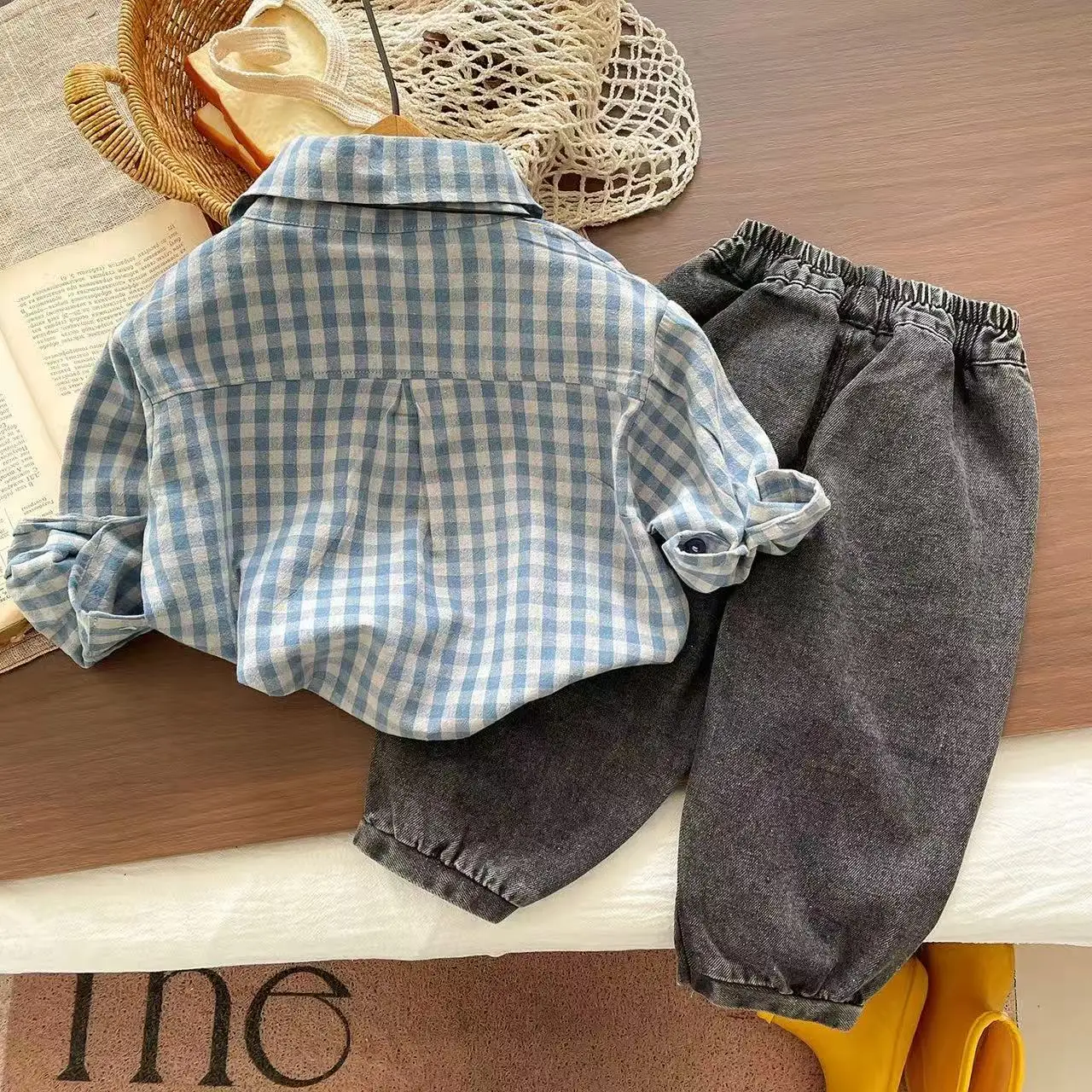 Boys' Clothing Set Spring and Autumn New Style Children's Fashionable Western Plaid Shirt+Jeans Two Piece Set