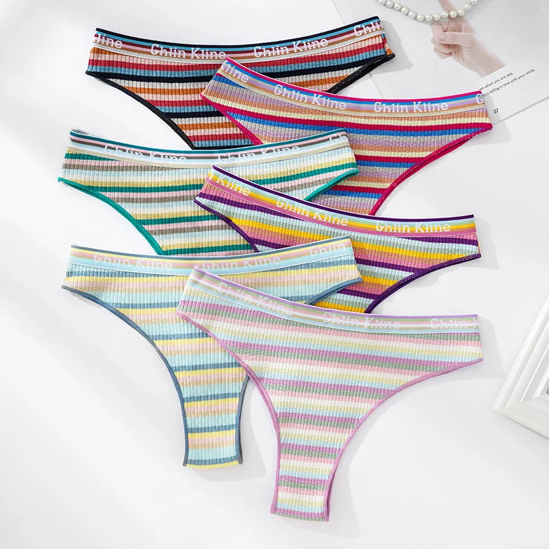 Women\'s Pure Cotton Colored Thong  Comfortable And Breathable Striped Rainbow