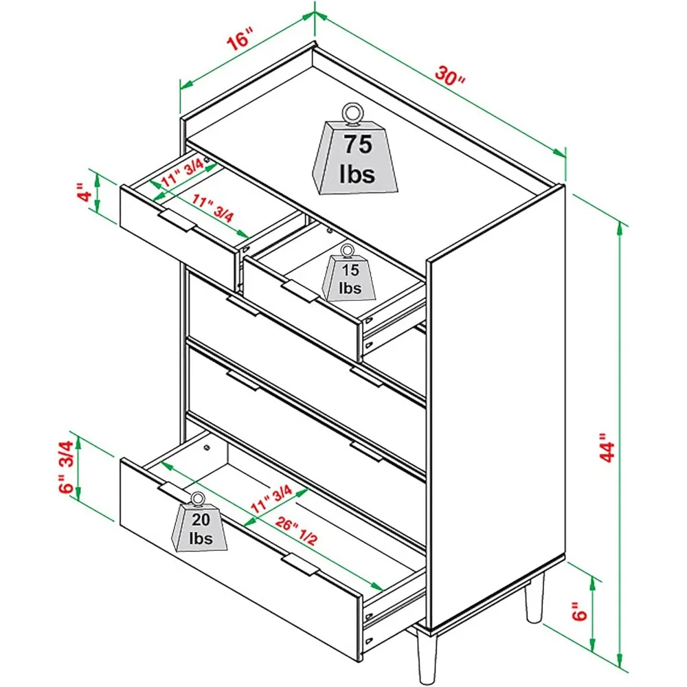 Dresser, 6 Drawers, 30-Inch, Tray Top Solid Wood, for Bedroom, Living Room, Closet Storage Organization, Wood Storage Cabinet