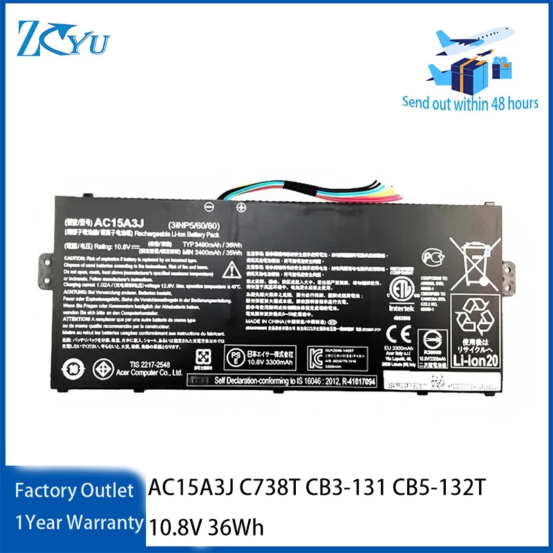 AC15A3J Laptop Battery for Acer R11 C738T CB3-131 CB5-132T Chromebook R11 CB3-131 AC15A8J 10.8V 36Wh