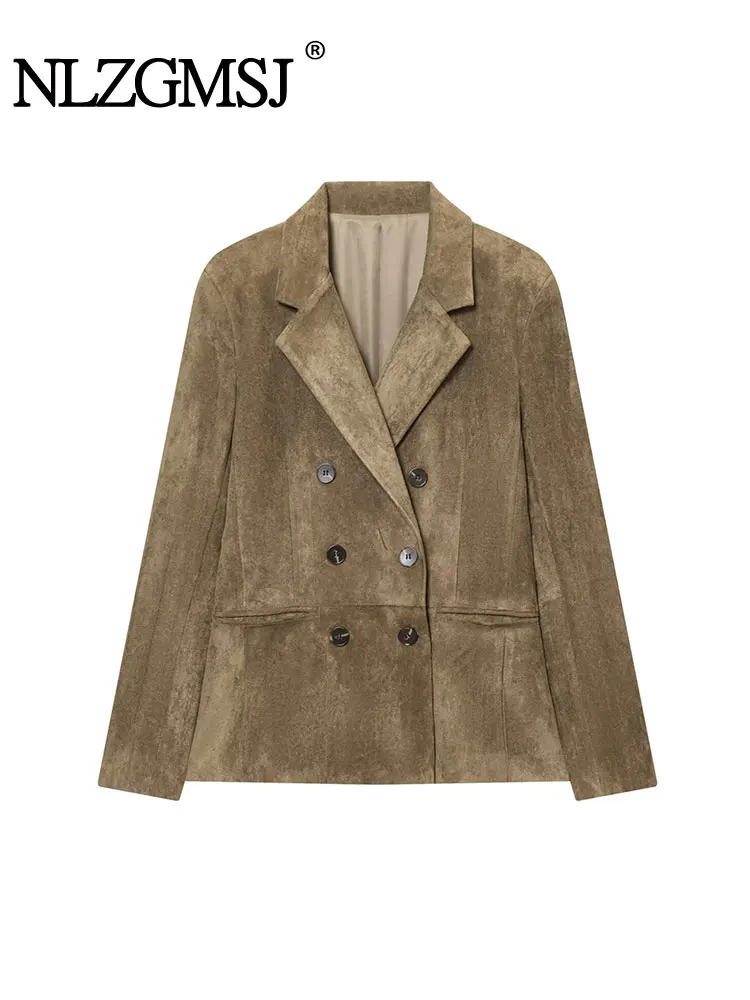 

Nlzgmsj Autumn Casual Chic Suede Jackets V Neck Long Sleeve Double-Breasted Blazer Coats Fashion Office Lady Outwears
