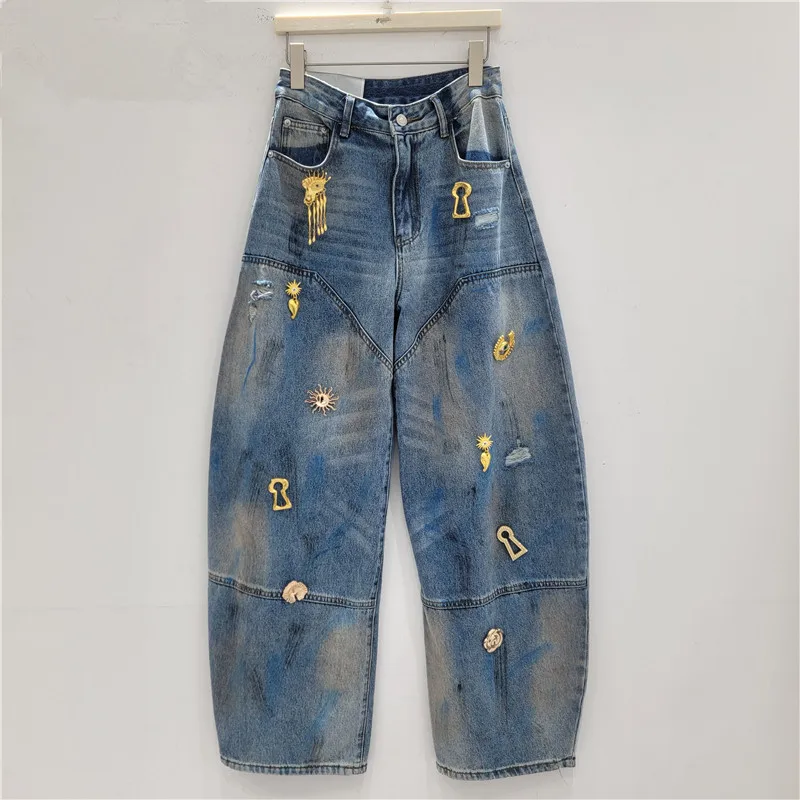 

Design Sense Niche Retro Irregular Metal Button Decorative Scimitar Jeans, American Hip-Hop Loose Wide-Leg Pants for Women