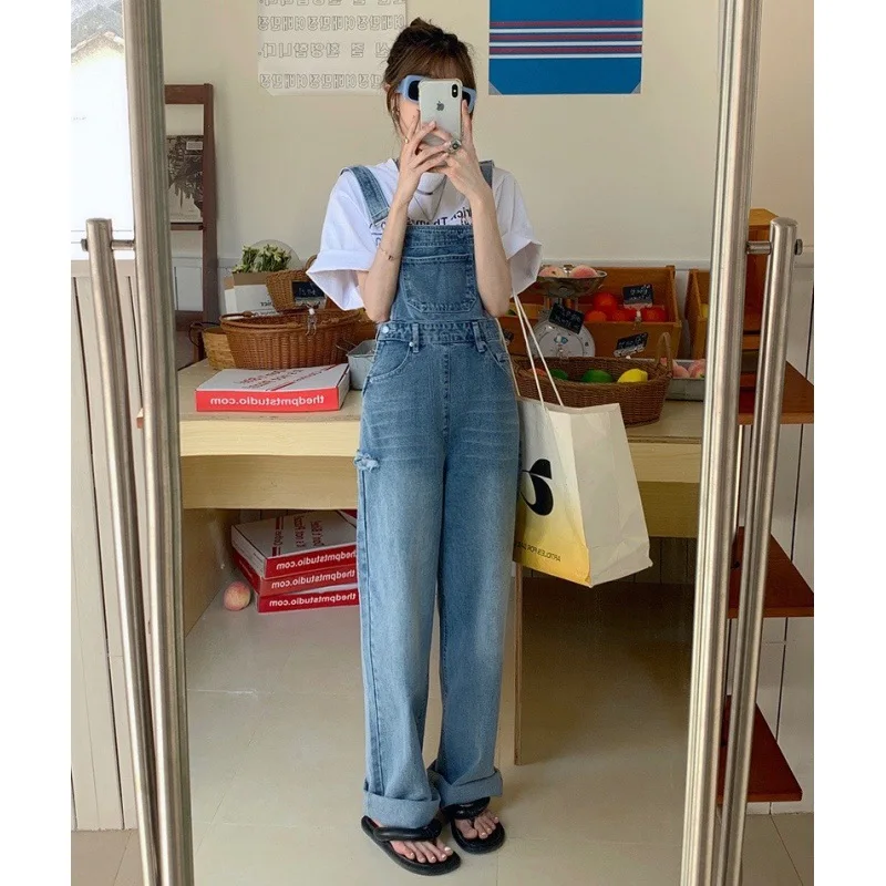 

Blue Women Denim Jumpsuit Korean Style Fashion Hole Ripped Suspender Straps Straight Jeans Spring Autumn Loose Overalls Trousers