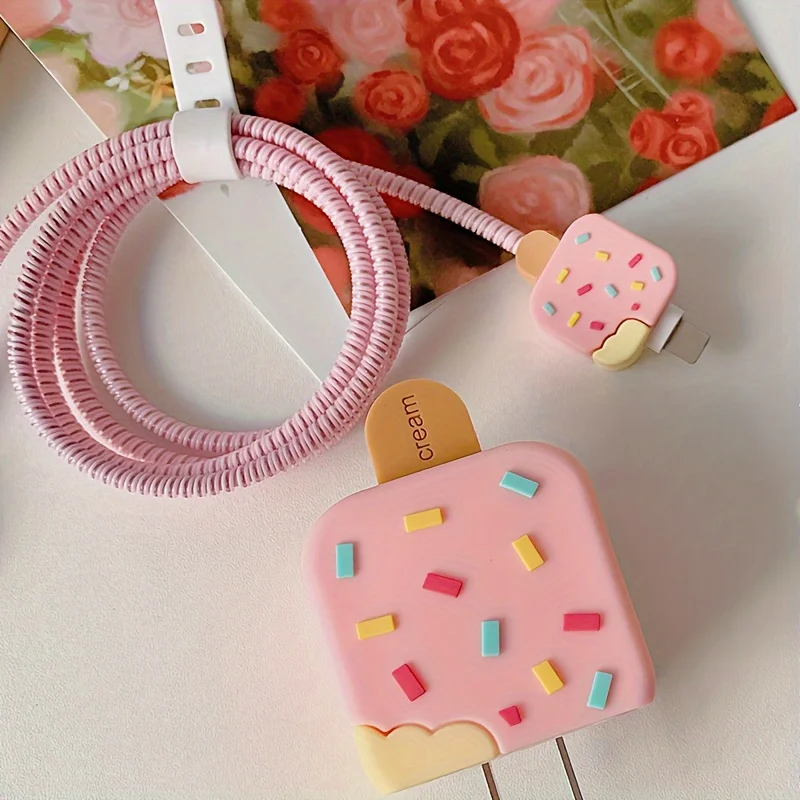 Cute Ice Cream Charger Protector Case For Apple iPhone 16 15 14 18W/20W Charger Head Adapter Protective Cover Winder Accessories