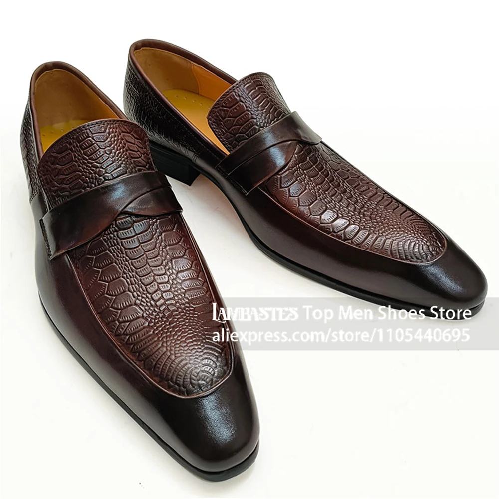 Snake Embossed Spliced Loafers Mixed Texture Wedding Party Dress Shoes Polished Glossy Smooth Leather Finish Leather Men Loafers