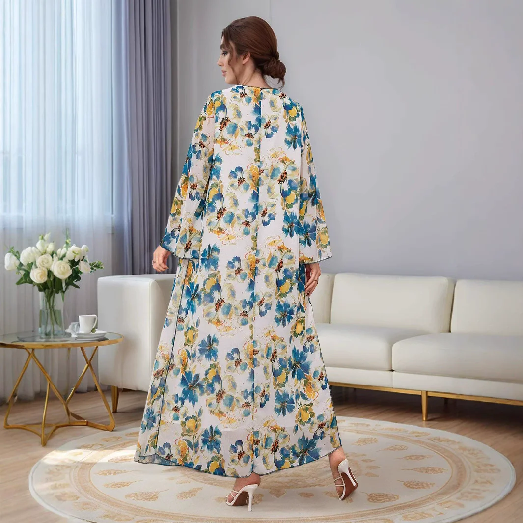 Ramadan Middle East Saudi Arabia plus size women's robe Islamic fashion nail bead chiffon print loose casual trumpet sleeve dres