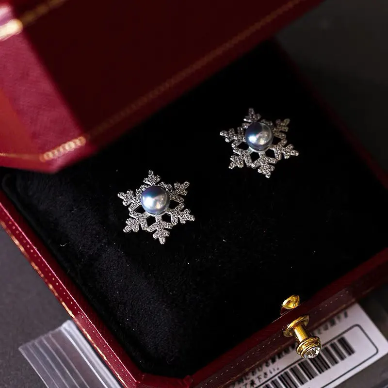 925 sterling silver French pearl high-end accessories, niche design, snowflake earrings, women's fashion temperament jewelry