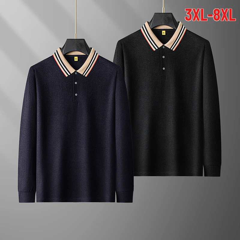 Plus Size 8XL Spring Autumn 100% Cotton Men's Polo Shirts Luxury Long Sleeve Solid Color Business Casual Male Tees Male T-shirts