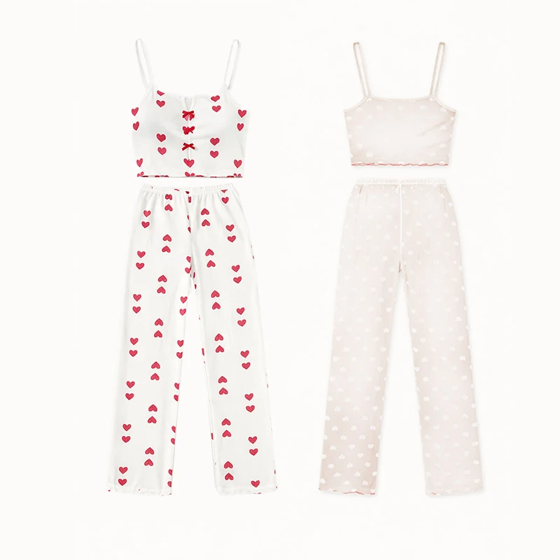 

2-Piece Women's Sexy Transparent Mesh Lace Set With Ribbed Printed Strap Top And Pants Home Clothes Pajama Set