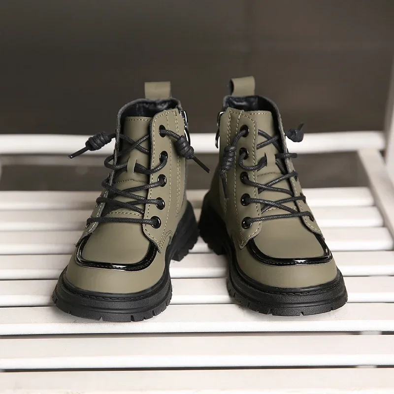 New Children Boots soft leather Handsome Lace-up Trendy Kids Short Boot Matte PU Leather Anti-slip Unisex Boys Girls Shoes 아동구두
