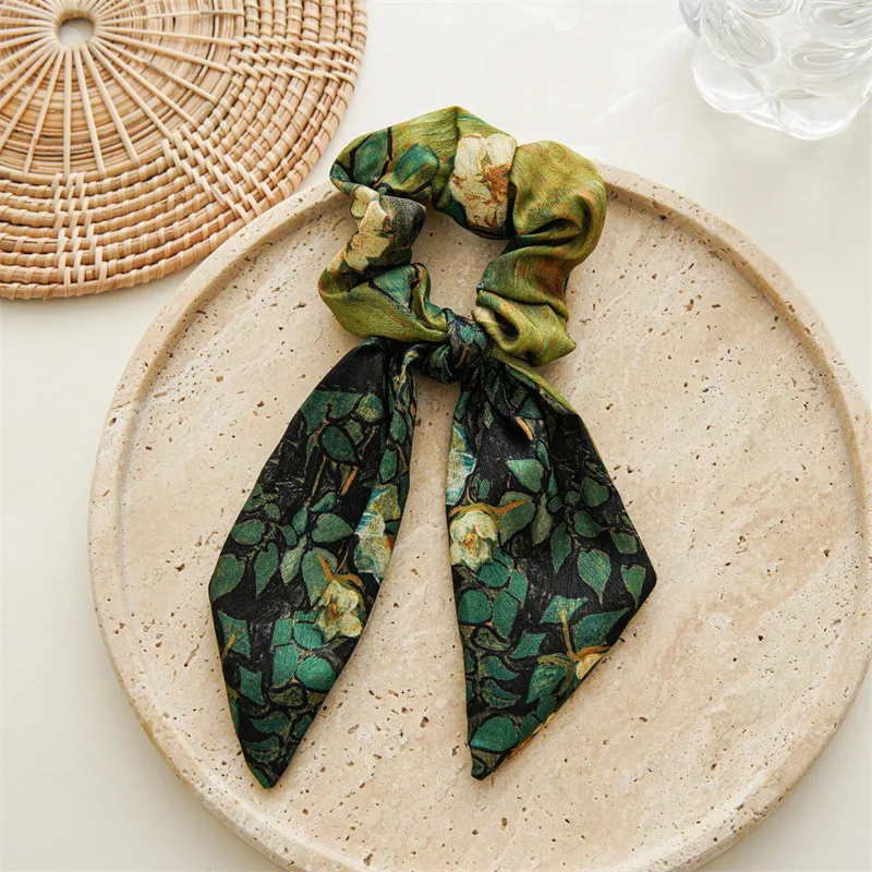 Korean Women Elegant Oil Painting Bow Elastics Hair Band Exquisite Scrunchies Hair Ties Ponytail Holder Girls Hair Accessories