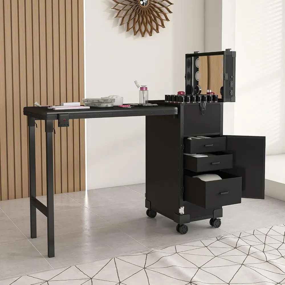 Mesa de Manicura Portátil con Espejo LED, Función de Plegado y Ruedas, 3 Cajones con Cierre TSA, Organizador de Almacenamiento para Técnicos de Uñas