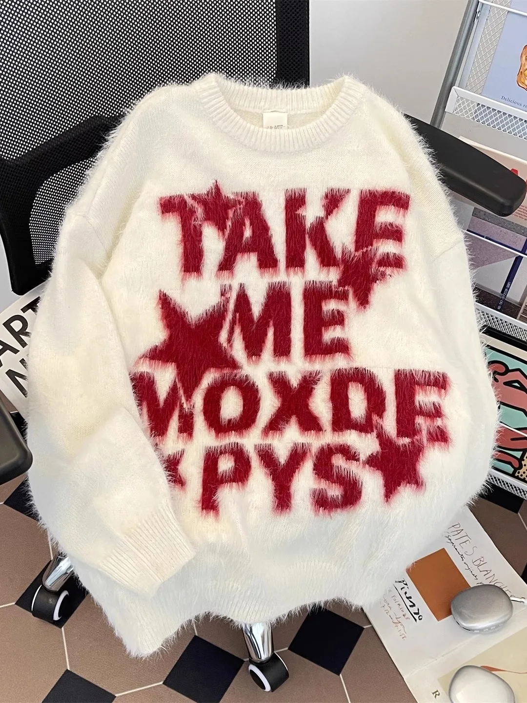 

American Sle Retro Mink Sweater Men's Faion Letter Embroidery Knitted irt Autumn Winter Lazy Camere Base irt