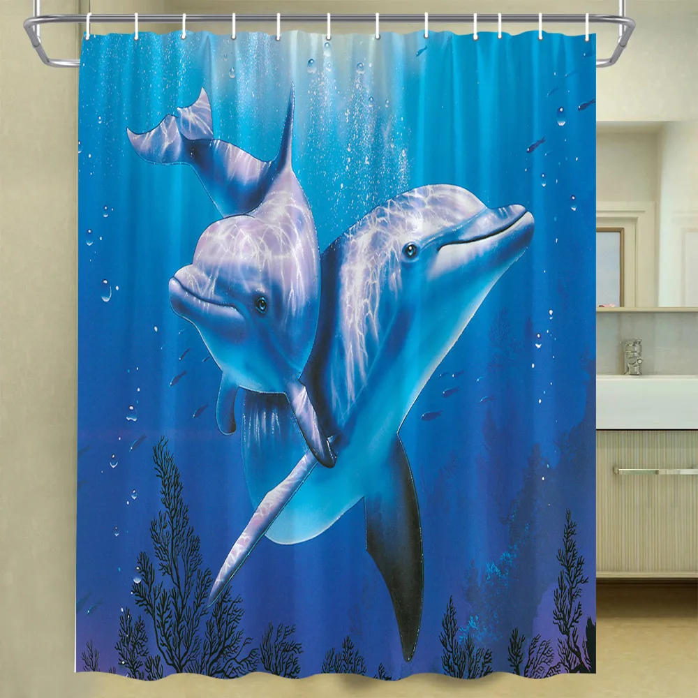 Dolphin Shower Curtain Underwater Sea Creatures Cartoon Seahorse Sea Turtle Printed Bath Decor Curtain Washable Bathroom Curtain