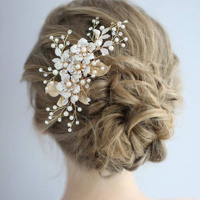 Trendy Flower Wedding Hair Accessories Pearl Rhinestone Hairpin Headdress Handmade Bridal Tiara Jewelry Woman Prom Hair Jewelry