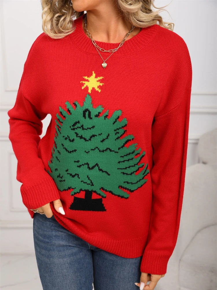 

2025 Autumn Winter Women Christmas Tree Pattern Sweaters Casual Knitwear Crew-Neck Pullover Holiday Sweater Woman Pullovers