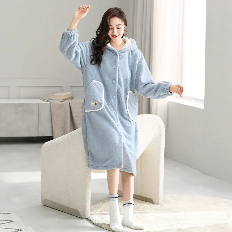 Couple Sleepwear Fall Winter Women\'s Coral Velvet Thick Velvet Hooded Nightgown Large Size Flannel Home Wear Both Men Women