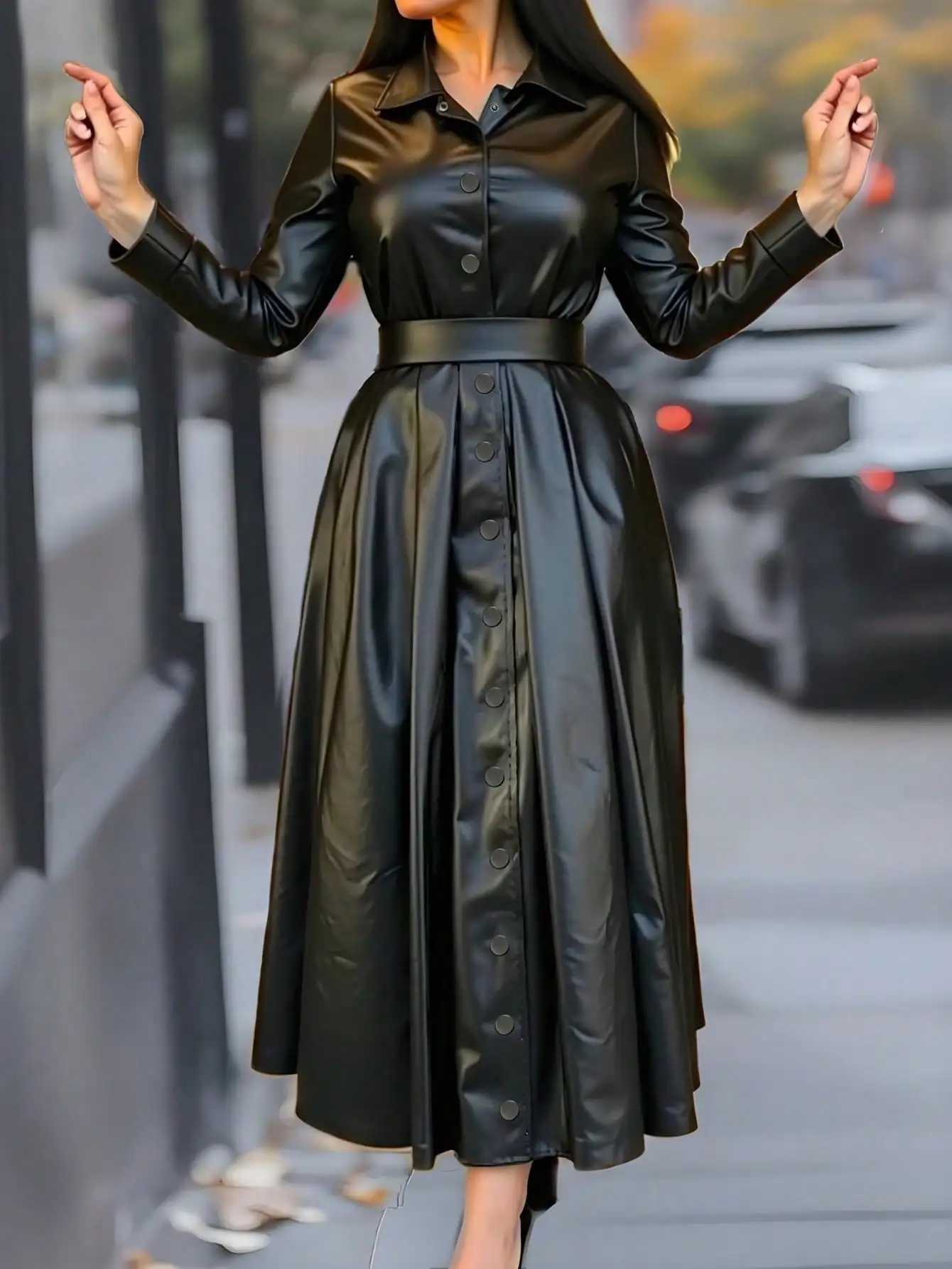 

Women's Black Faux Leather Long Sleeve Button-Down Midi Dress with Belt, Elegant for Party & Casual Wear