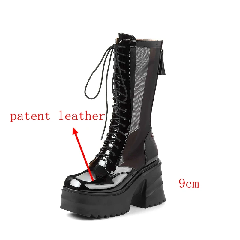 Lenkisen Patent Leather Square Toe Super High Heel Platform Summer Boots Cross-tied Sun Protection Fashion Mid-calf Boots L15