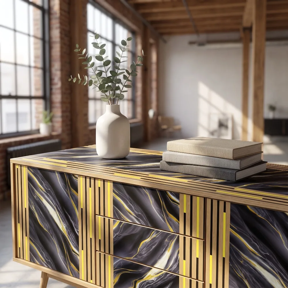 Luxury Geometric Wood Frame Gold Vein Marble Peel and Stick Wall Paper for Cafe Bedroom Accent Wall Decoration