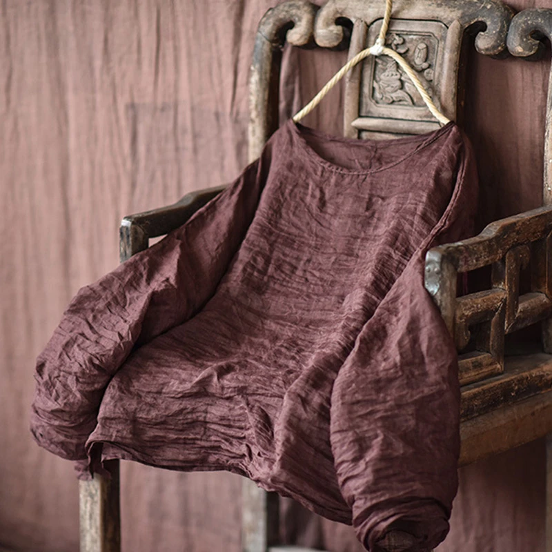 T-shirt in lino a maniche lunghe da donna Nuovo arrivo 2025 Primavera Stile vintage O-Collo Tinta unita Allentato femminile Casual Top Tees T473