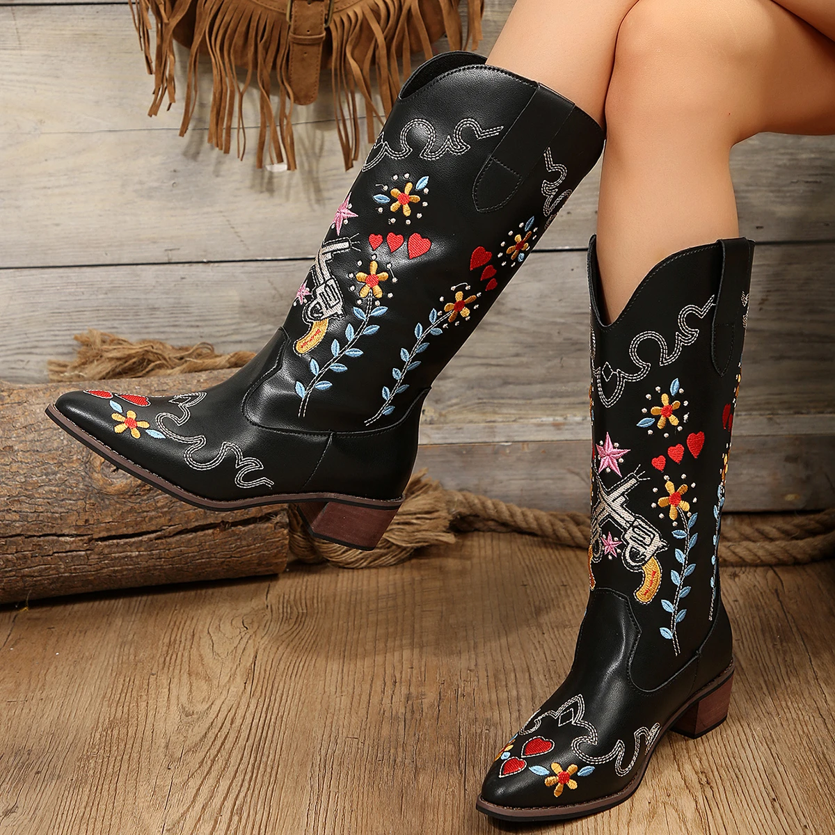 Women Boots New Plus Size Fashion Embroidered Boots Vintage Cowboy Western Knee High Boots Autumn Winter Casual Warm Shoes Women